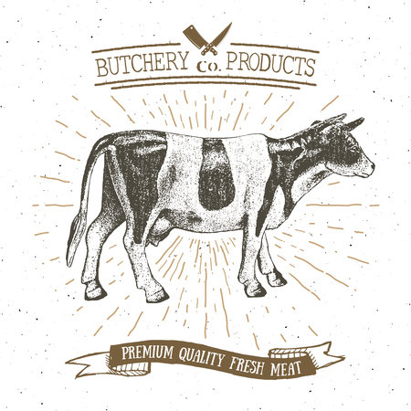 Butcher Shop vintage emblem beef meat products, butchery Logo template retro style. Vintage Design for Logotype, Label, Badge and brand design. vector illustration.のイラスト素材