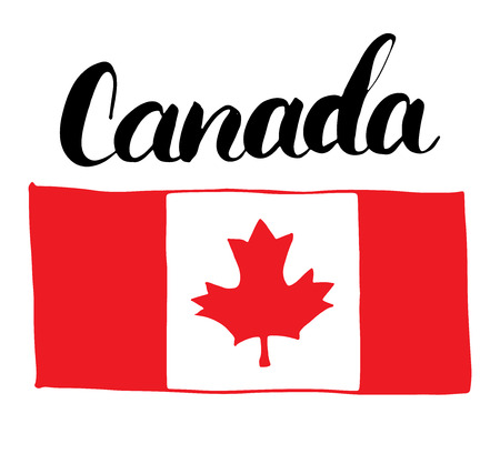 Canada Hand drawn flag, with Maple leaf and calligraphy lettering vector illustration isolated on white backgroundのイラスト素材