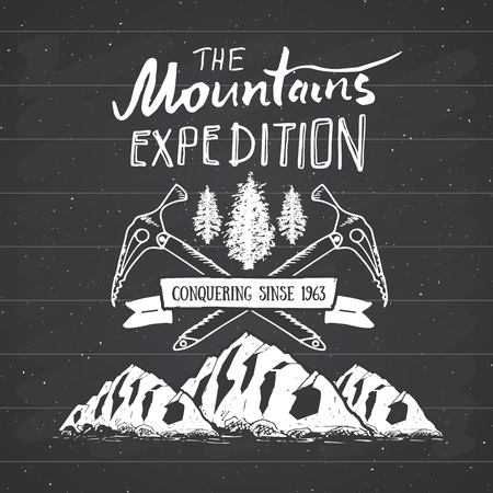 Mountain expedition vintage label retro badge. Hand drawn textured emblem outdoor hiking adventure and mountains exploring, Extreme sports, grunge hipster design, typography print vector illustration.のイラスト素材