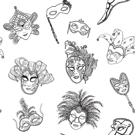 Venice Italy carnival masks seamless pattern. Hand drawn sketch Italian Venetian festival. Doodle Drawing backgroundのイラスト素材