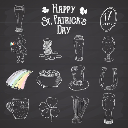 St Patricks Day hand drawn doodle icons set, with leprechaun, pot of gold coins, rainbow, beer, four leef clover, horseshoe, celtic harp and flag of Ireland illustration on chalkboard.のイラスト素材