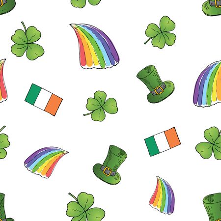 St Patrick's Day hand drawn doodle Seamless pattern, with leprechaun hat, rainbow, four leaf clover, flag of Ireland.のイラスト素材