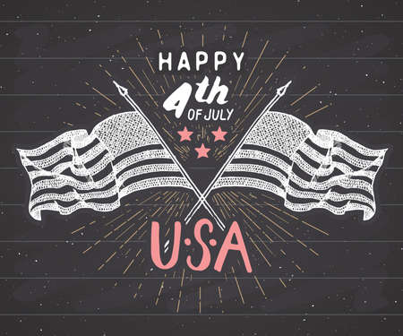 Happy Independence Day, fourth of july, Vintage greeting card wirh USA flags, United States of America celebration. Hand lettering, american holiday retro design vector illustration on chalkboardのイラスト素材