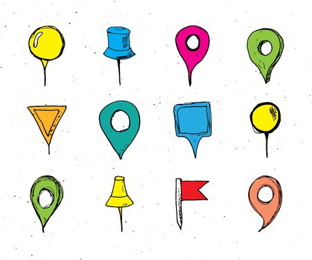 Map pointers hand drawn sketch set, navigation pins doodle vector illstration isolated on white background.のイラスト素材