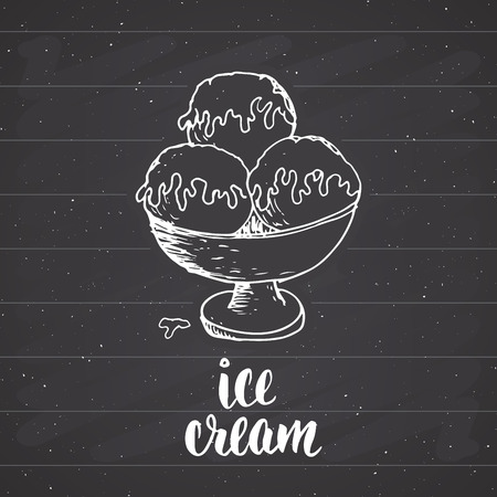 Ice cream with lettering sketch, Vintage label, Hand drawn grunge textured badge, retro logo template, typography design vector illustration on chalkboard background.のイラスト素材