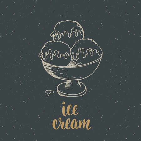 Ice cream with lettering sketch, Vintage label, Hand drawn grunge textured badge, retro logo template, typography design vector illustrationのイラスト素材
