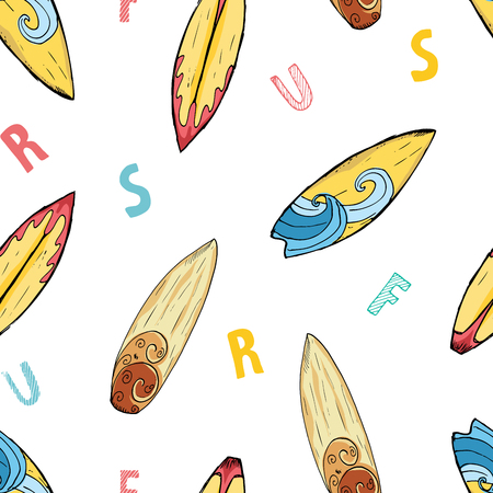 Surf boards seamless pattern hand drawn sketch background, typography design vector illustration.のイラスト素材