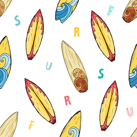 Surf boards seamless pattern hand drawn sketch background, typography design vector illustration.のイラスト素材