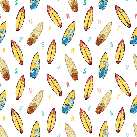 Surf boards seamless pattern hand drawn sketch background, typography design vector illustration.のイラスト素材