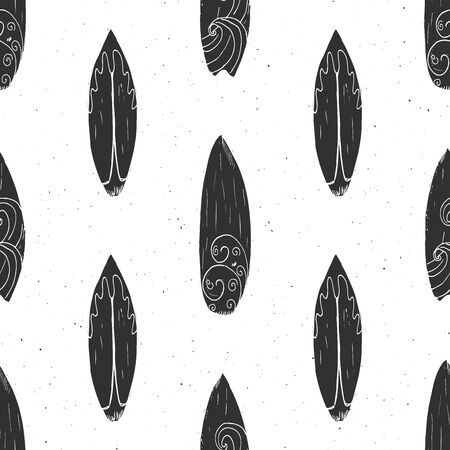 Surf boards seamless pattern hand drawn sketch background, typography design, monochrome vector illustration.のイラスト素材