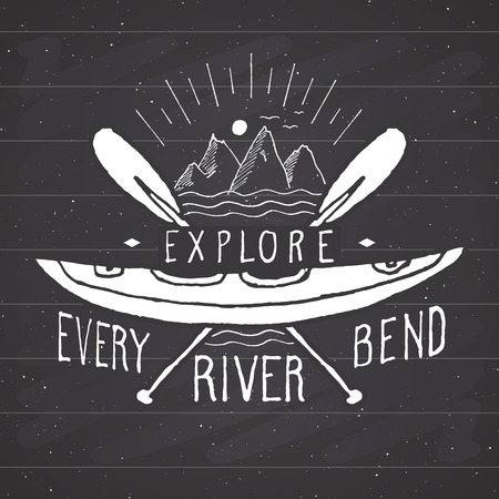 Kayak and canoe vintage label, Hand drawn sketch, grunge textured retro badge, typography design t-shirt print, vector illustration on chalkboard background.のイラスト素材
