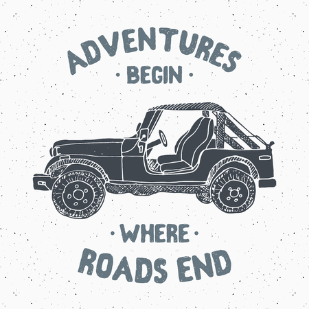 Offroad SUV car, vintage label, Hand drawn sketch, grunge textured retro badge, typography design t-shirt print, vector illustration .のイラスト素材