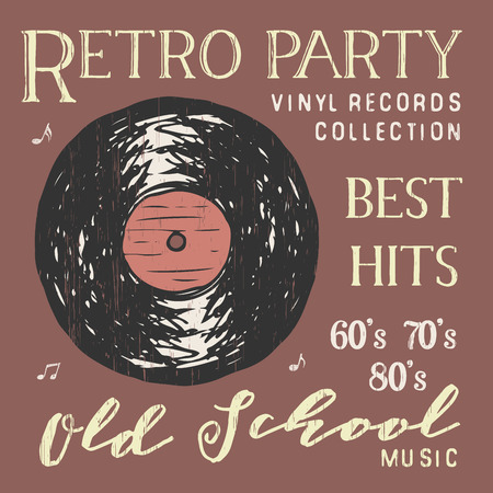 T-shirt design, retro party with vinyl record typography graphics, vector illustration .のイラスト素材
