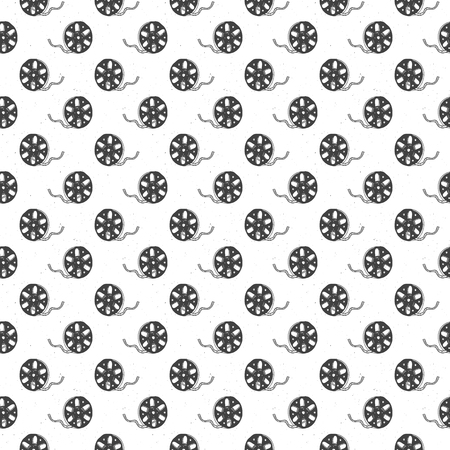 Cinema tape and film reel vintage seamless pattern, handdrawn sketch, retro movie and film industry, vector illustration.のイラスト素材