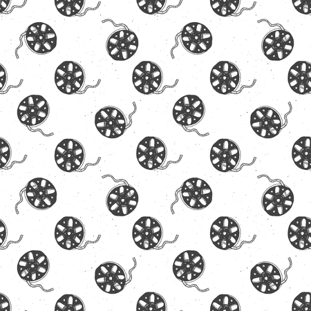 Cinema tape and film reel vintage seamless pattern, handdrawn sketch, retro movie and film industry, vector illustration.のイラスト素材