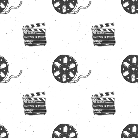 Cinema tape, film reel and clapperboard vintage seamless pattern, handdrawn sketch, retro movie and film industry, vector illustrationのイラスト素材