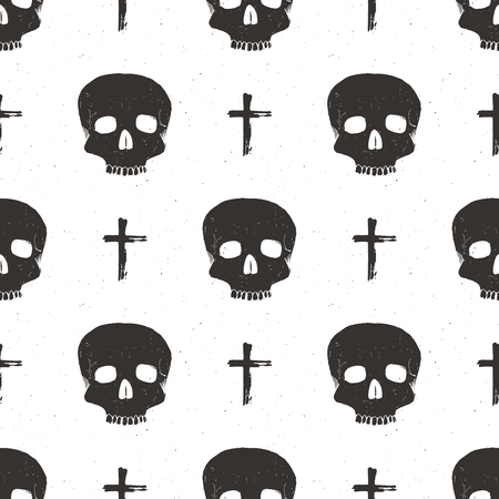 Skull and cross sumbol seamless pattern, hand drawn sketch vector illustration.のイラスト素材