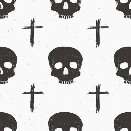 Skull and cross sumbol seamless pattern, hand drawn sketch vector illustration.のイラスト素材