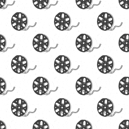 Cinema tape and film reel vintage seamless pattern, handdrawn sketch, retro movie and film industry, vector illustration.のイラスト素材