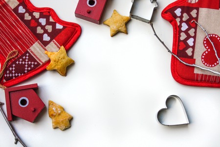 New Year or Christmas background with Xmas decorations and backed cookies on white background.の写真素材