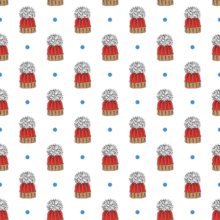 Winter season doodle clothes seamless pattern. Hand drawn sketch elements warm raindeer sweater, coat, boots, socks, gloves and hats. vector background illustrationのイラスト素材