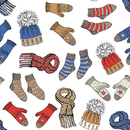 Winter season doodle clothes seamless pattern. Hand drawn sketch elements warm raindeer sweater socks, gloves and hats. vector background illustrationのイラスト素材