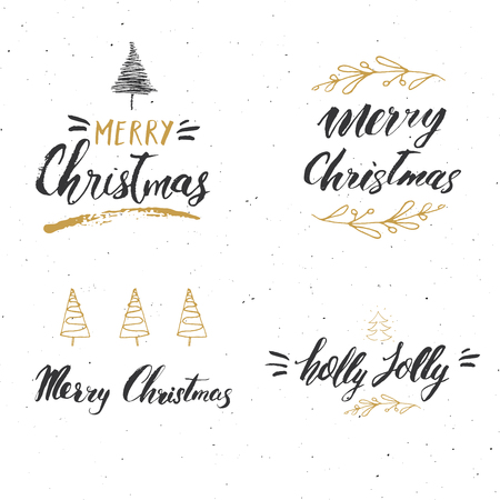 Merry Christmas Calligraphic Letterings Set. Typographic Greetings Design. Calligraphy Lettering for Holiday Greeting. Hand Drawn Lettering Text Vector illustration.のイラスト素材