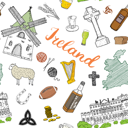 Ireland Sketch Doodles Seamless Pattern. Irish Elements with flag and map of Ireland, Celtic Cross, Castle, Shamrock, Celtic Harp, Mill and Sheep, Whiskey Bottles and Irish Beer, Vector Illustration.のイラスト素材