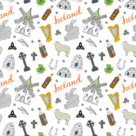 Ireland Sketch Doodles Seamless Pattern. Irish Elements with flag and map of Ireland, Celtic Cross, Castle, Shamrock, Celtic Harp, Mill and Sheep, Whiskey Bottles and Irish Beer, Vector Illustration.のイラスト素材