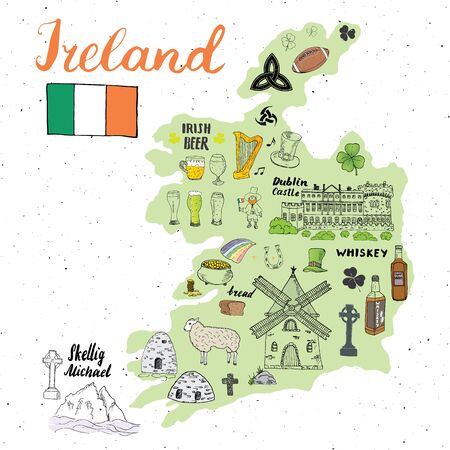 Ireland Sketch Doodles. Hand Drawn Irish Elements Set with flag and map of Ireland, Celtic Cross, Castle, Shamrock, Celtic Harp, Mill and Sheep, Whiskey Bottles and Irish Beer, Vector Illustration.のイラスト素材