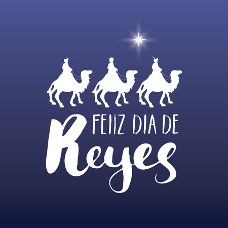 Feliz Dia de Reyes, Happy Day of kings, Calligraphic Lettering. Typographic Greetings Design. Calligraphy Lettering for Holiday Greeting. Hand Drawn Lettering Text Vector illustration.のイラスト素材