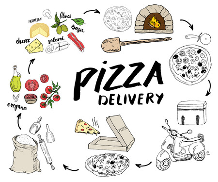 Pizza hand drawn sketch set. Pizza preparation and delivery process with flour and other food ingredients, paper box, oven and kitchen tools, scooter, pizza bag design template. Vector illustration.のイラスト素材