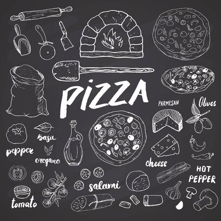 Pizza menu hand drawn sketch set. Pizza preparation design template with cheese, olives, salami, mushrooms, tomatoes, flour and other ingredients. vector illustration isolated on white background.のイラスト素材