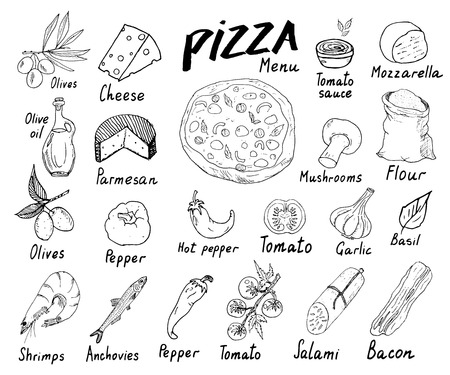 Pizza menu hand drawn sketch set. Pizza preparation design template with cheese, olives, salami, mushrooms, tomatoes, flour and other ingredients. vector illustration isolated on white background.のイラスト素材