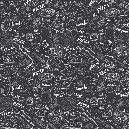 Pizza seamless pattern hand drawn sketch. Pizza Doodles Food background with flour and other food ingredients, oven and kitchen tools.のイラスト素材