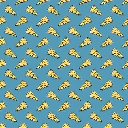Pizza seamless pattern hand drawn sketch. Whole pizza and slice doodles Food background.のイラスト素材