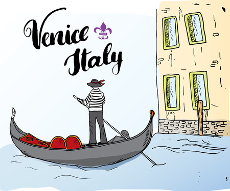 Venice Italy Hand Drawn Sketch Doodle Gondolier and lettering handwritten sign, grunge calligraphic text. Vector illustration.のイラスト素材