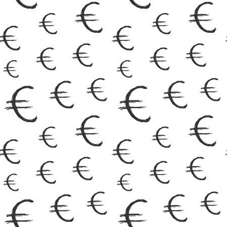 Euro sign icon brush lettering seamless pattern, Grunge calligraphic symbols background, vector illustration.のイラスト素材