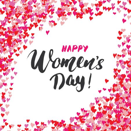Happy Women's Day greeting card Hand lettering with red and pink hearts. Holiday grunge textured retro design vector illustration.のイラスト素材
