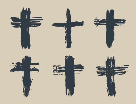 Grunge hand drawn cross symbols set. Christian crosses, religious signs icons, crucifix symbol vector illustrationのイラスト素材