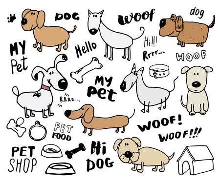 Funny Dogs doodle Set. Hand drawn sketched pets collection Vector Illustration on white backgroundのイラスト素材