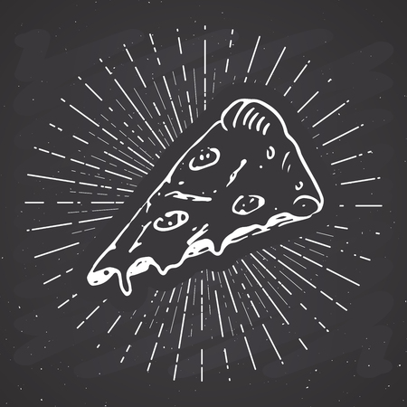 Pizza slice vintage label, Hand drawn sketch, grunge textured retro badge, typography design t-shirt print, vector illustration on chalkboard background.のイラスト素材