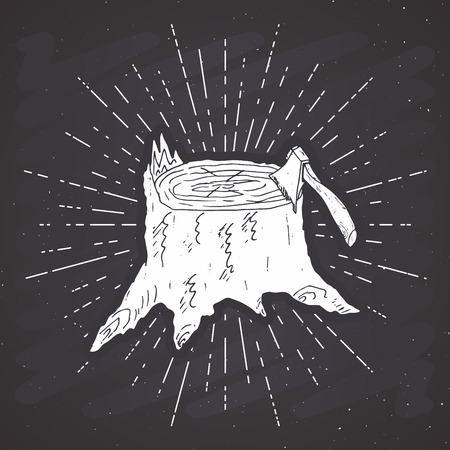 Tree stump vintage label, Hand drawn sketch, grunge textured retro badge, typography design t-shirt print, vector illustration on chalkboard background.のイラスト素材
