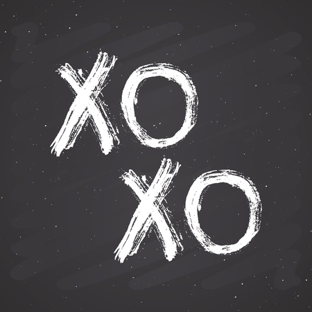 XOXO brush lettering sign, Grunge calligraphic hugs and kisses Phrase, Internet slang abbreviation XOXO symbols, vector illustration on chalkboard background.のイラスト素材