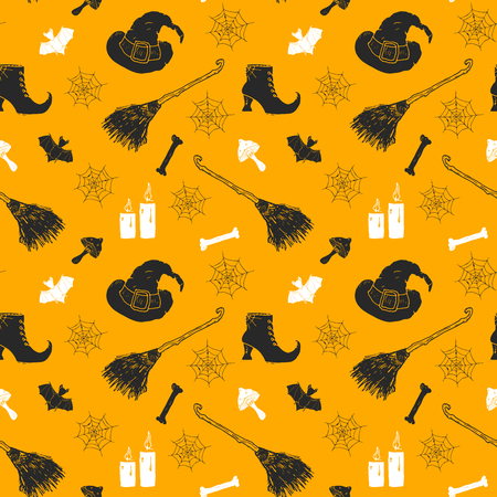Halloween seamless pattern. Hand drawn sketched background, party invitation or holiday banner design vector illustration .のイラスト素材