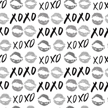 XOXO brush lettering signs seamless pattern, Grunge calligraphic hugs and kisses Phrase, Internet slang abbreviation XOXO symbols, vector illustration isolated on white background.のイラスト素材