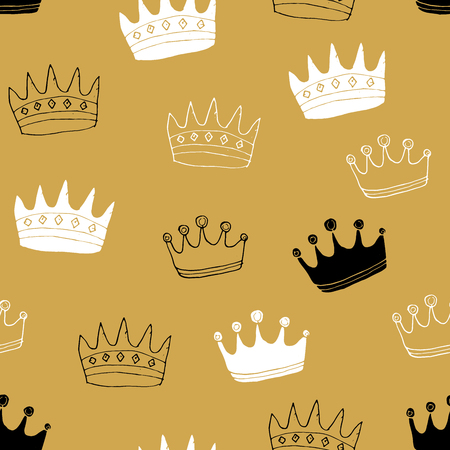 Crown Seamless Pattern, hand drawn royal doodles background, Vector Illustration.のイラスト素材