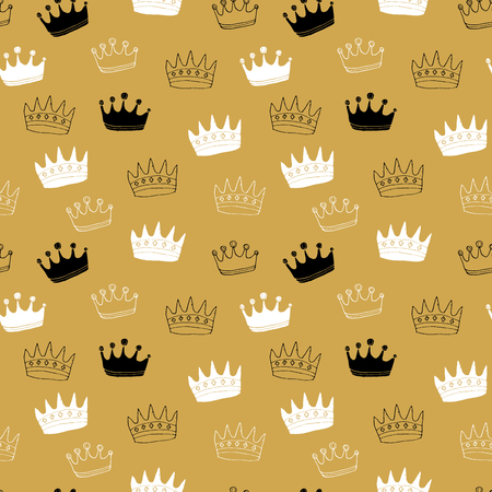 Crown Seamless Pattern, hand drawn royal doodles background, Vector Illustration.のイラスト素材