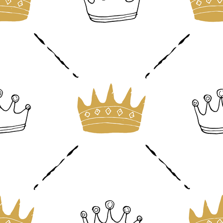 Crown Seamless Pattern, hand drawn royal doodles background, Vector Illustration.のイラスト素材