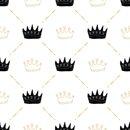 Crown Seamless Pattern, hand drawn royal doodles background, Vector Illustration.のイラスト素材